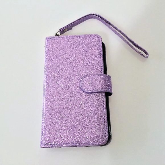 PHONE 11 6.1" GILTTER PURPLE FLIP WALLET WRIST STRAP CARD HOLDER - Picture 11 of 16